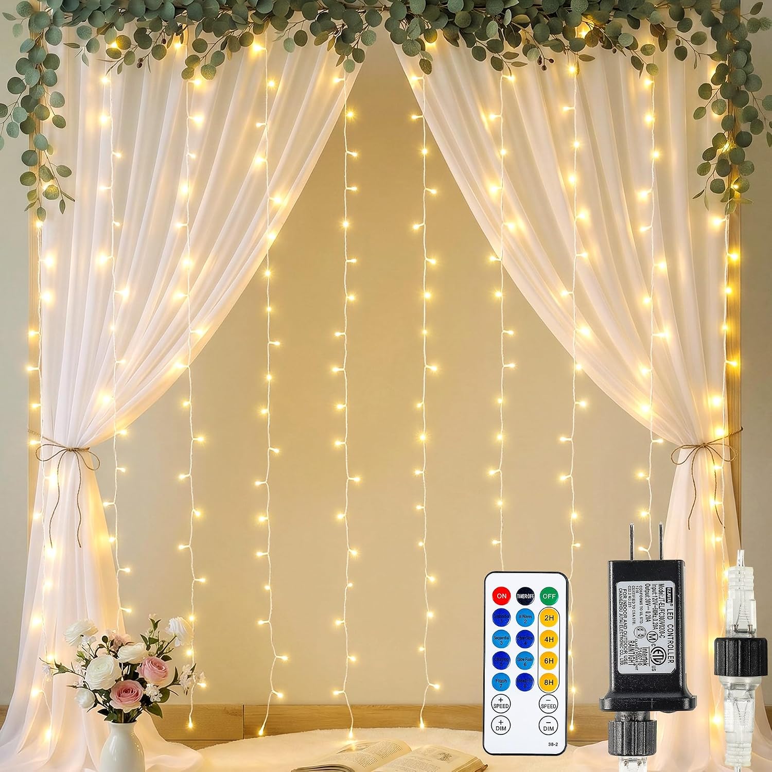 Curtain Lights — 200 LED, Warm White, 6.6 × 6.6 ft, Plug-in