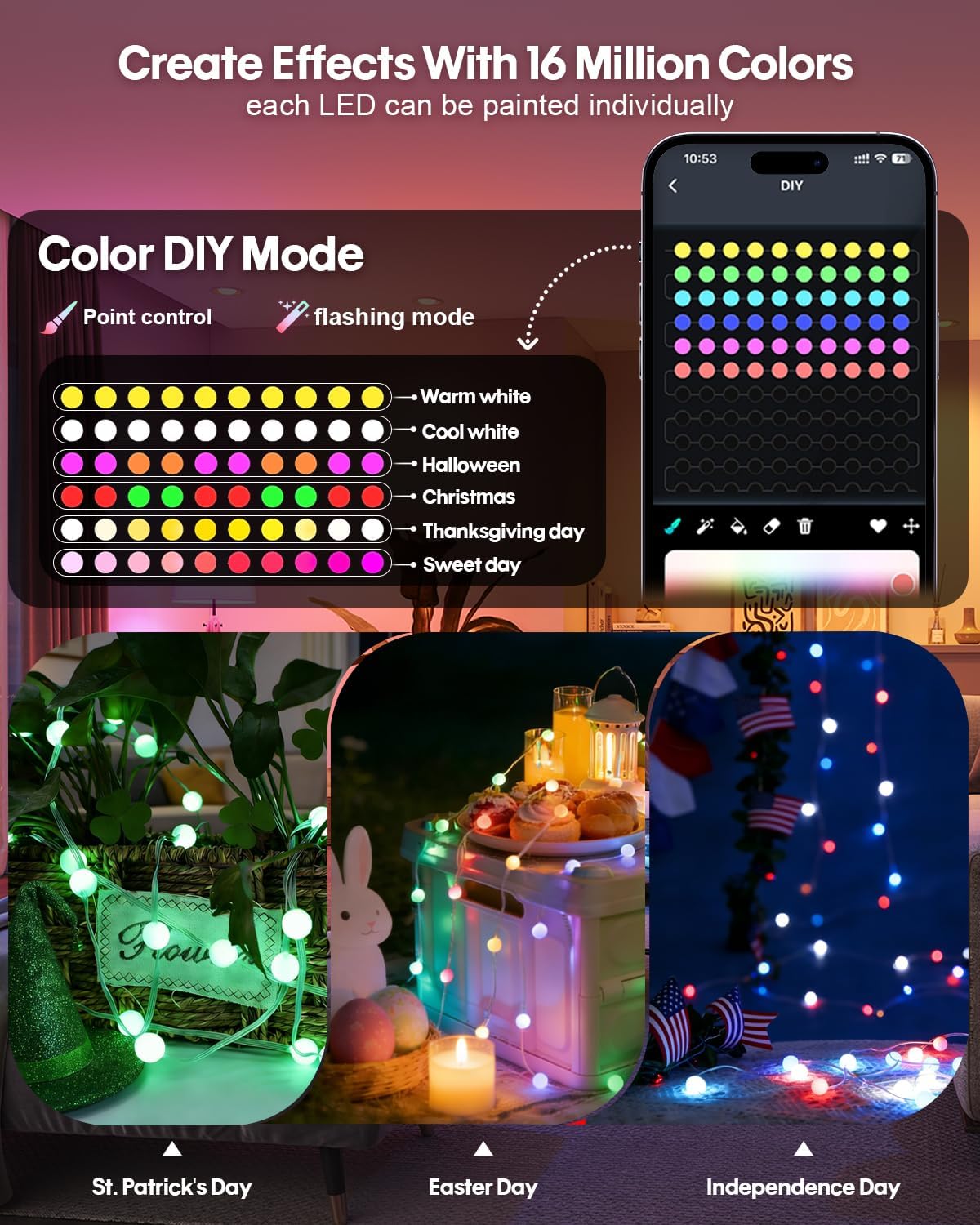 Globe String Lights — 66 ft, RGB-IC Colour Changing with Remote - Image 3