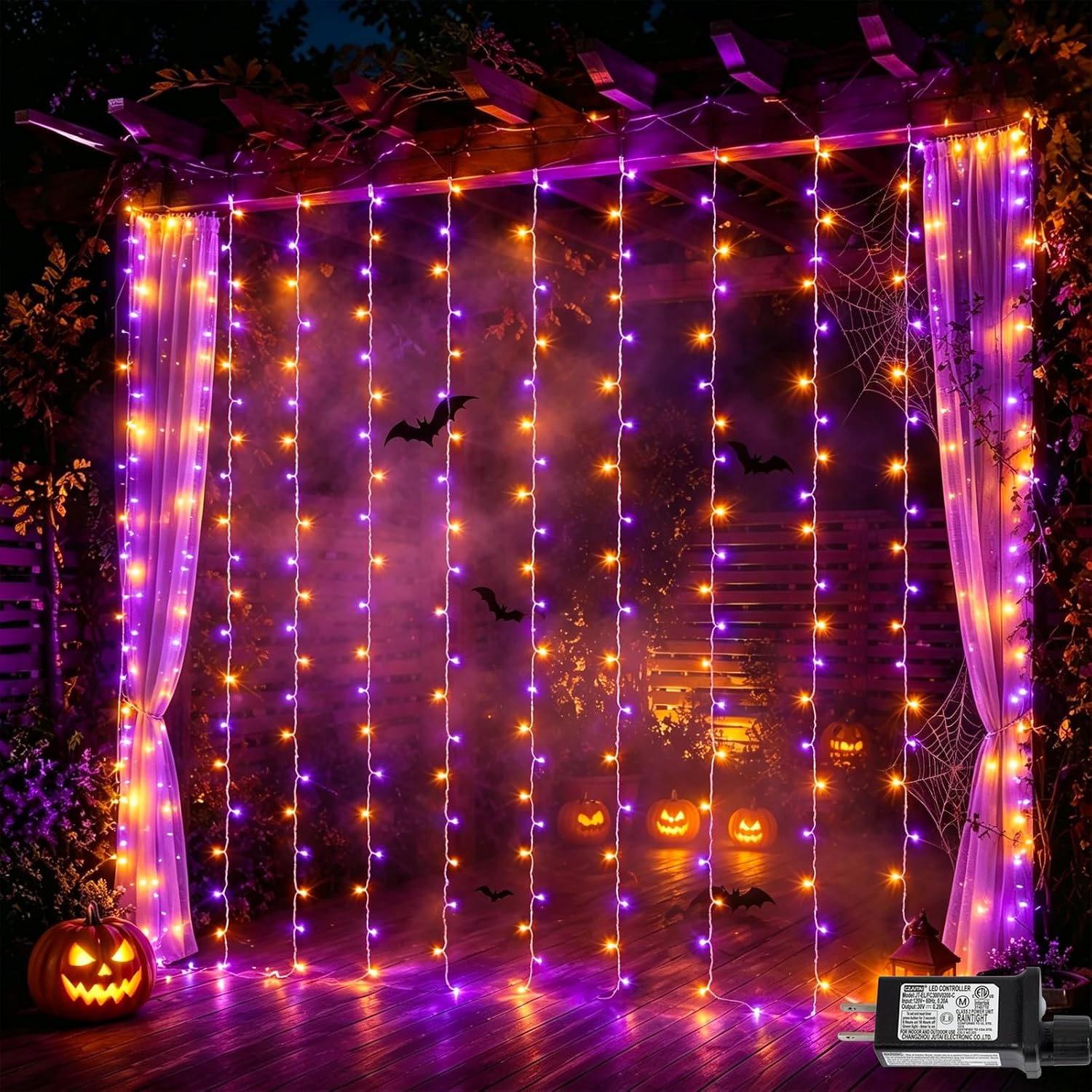 Halloween Curtain Lights — 300 LED, Orange and Purple, 8 Modes