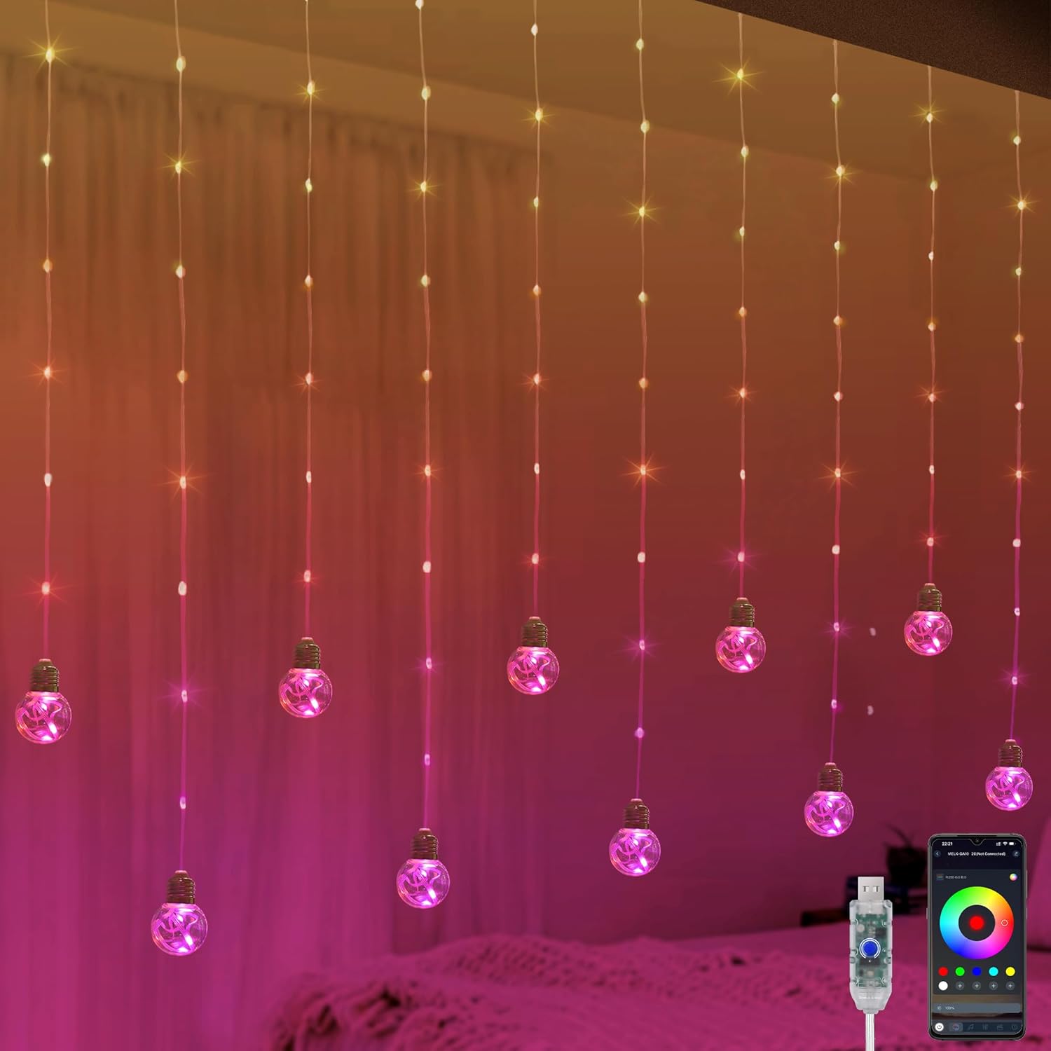 Colour Changing Curtain Lights — 9.8 × 3.3 ft, USB, RGB